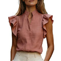 Women Stand Collar V Neck Ruffle Sleeveless Blouse Solid Color Office Shirt Tops