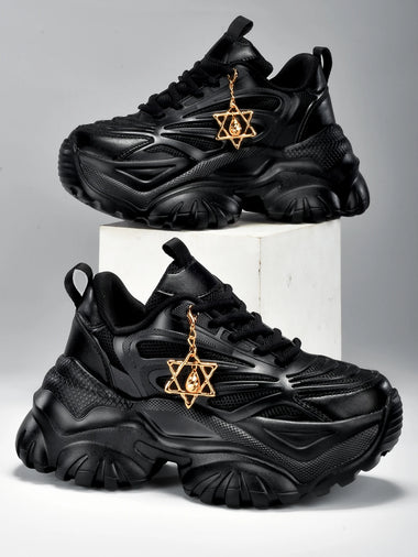 Women's Outdoor Fashion Dad Sneakers for All Seasons, Eva Lightweight Thick Sole with 7cm Height Increase, Black Sports Shoes, Paired with a Sweet-Cool Style Detachable Gold Water Drop Hexagram Pendant, Suitable for Running, Fitness, and Various Occasions