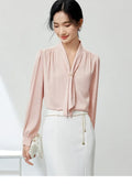 SENTUBILA Office Lady White Tie Blouse Women 2026 Spring Lace-up Collar Long Sleeve Simple Ladies Tops Woman Clothes 143C56765X