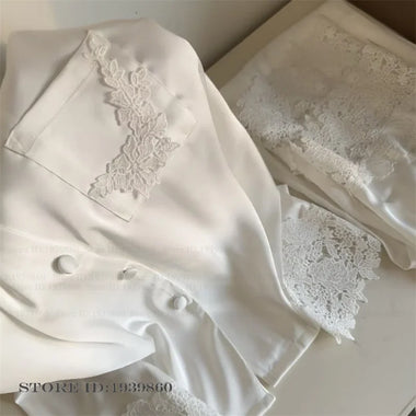 Elegants Lace 2PCS Pjs Set Women's Pijamas Homewear White Silk Satin Sleepwear Trouser Suit Loungewear Loose Casual Nightwear