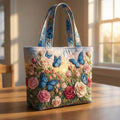 Butterfly Patterns Women Quilted Tote Bag Vintage Lightweight Canvas Shoulder Bag 3D Printed Patterns Large Capacity