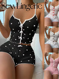 Sexy Sleepwear Women Pajamas Set Heart Print Silk Stain V-Neck Sleeveless Casual Cami Top and Shorts Sets Home Suit Loungewear
