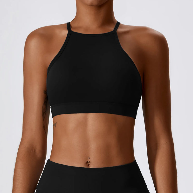 Women Sports Bra for Workout High Neck Gym Crop Top Nylon Fitness Shirts Padded Activewear