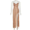 SylCue Sexy Fashion Maxi Dress Women Low-Neck Sleeveless Backless Mesh Ribbon Splits Hem Street Fashion France Style Long Dress