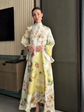 Floral Print Women Dress Button Down Mock Neck Maxi Dresses Long Lantern Sleeve A-Line Waist Belt Flared Hem Elegant Streetwear