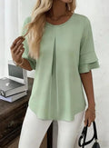Women Round Neck Double Ruffle Half Sleeve Blouse Solid Front Pleat Loose Flowy Chiffon Tunic Top Office Casual Shirt