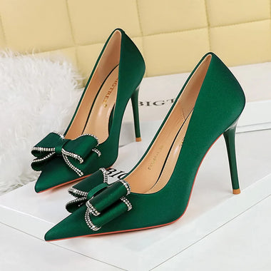 BIGTREE New Fashion Women Dress Shoes 10cm High Heels Shallow Pointed Toe Crystal Butterfly Knots Lady Red Silk Shoes Size 34-40