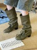 Personality Women Autumn Burgundy Pleated Knee-high Boots Round-Toe Slip-On With Ankle Strap Chunky Heels Large Tubular Booties