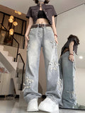 Jeans Washed Star Graphic Patch Floor Length Distressed Straight Trousers Vintage Denims Women Wide Leg Pants Streetwear