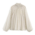 Fashion Lantern Sleeve Polka Dot Shirt Pleated Long Sleeve Lace Up Blouse Comfortable Breathable Chiffon Blouses Office Lady