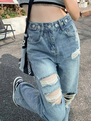 Ripped Torn Wide Flared Y2k Baggy Jeans Woman High Waisted Jeans Ladies Women's Denim Pants Shoujo Girl Style Coquette Jean Pant