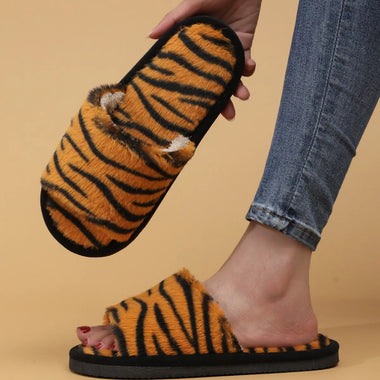 Fashion Leopard Print Fur Slippers for Women Winter Warm Comfort Indoor Home Slippers Open Toe Soft Sole Furry House Shoes