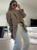 2026 Spring Plaid Women Blazer Coat Chic Long Sleeve Stand Collar Loose Female New Jacket Vintage Lady Outwear Commute
