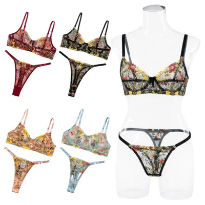 2-Piece Floral Lingerie Set Sheer Embroidery Underwear Intimates Versatile Underwire Push-up Bra Panty Set For Lady Girl