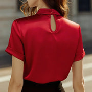 Chic Keyhole Neck Women's Blouse Korean Simple Solid Short Sleeved Elegant Satin Tops Summer  Office Lady Shirts