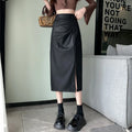 Women's Pleated Slit Midi Skirt 2026 High Waist PU Leather Bodycon Pencil Skirt Elegant Chic Sheath Skirt for Office Daily Wear