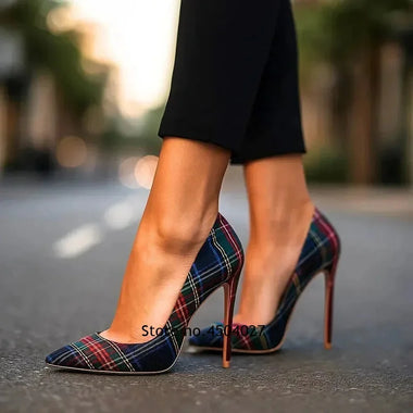 Women Shoes Women Red Green Checkered Cloth Fabric Shallow High Heel Shoes Slip-On Pointed Toe Stilettos Wedding Pumps