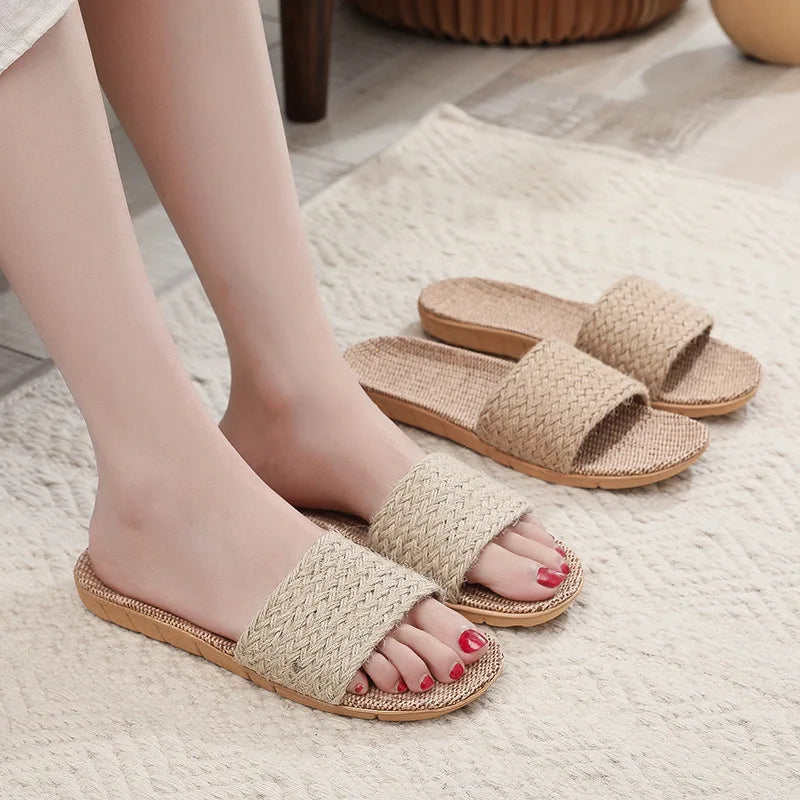 New Linen Slippers for Women at Home, Indoor Anti Slip Couple Summer Floor Slippers Men Shoes