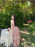 Summer New Deep V-neck Floral Print Dress Evening Party Lady Chiffon Slim Fairy Dresses Backless Sling Vintage Sweet Dress Long