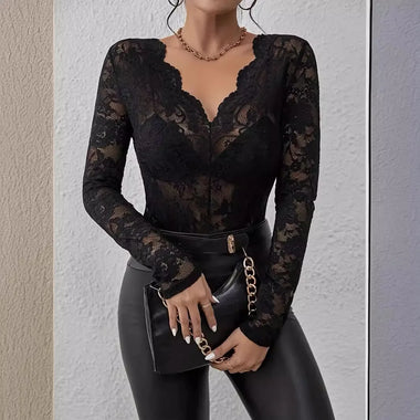 Women Sexy Bodys Long Sleeve Sheer Mesh Blouse Sexy See Through V Neck Lace Shirt Female New Hollow Out Wear Club Party Tops
