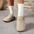 Women Suede Clog Mule Slippers Adjustable Buckle Closed Toe Backless Flat Indoor Outdoor Casual Shoes
