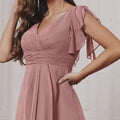 Chiffon Dress with V-Neck, Lotus Leaf Sleeves, High Waist, Pleated, Flowing Skirt, Bridesmaid Dress, French-Style Long Evening Gown
