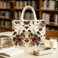 Vintage Floral Felt Tote Bag, Retro Flower Butterfly Print Shoulder Handbag, Large Capacity Reusable Shopping Bag for Women
