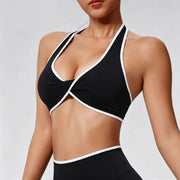 Halter Twist Contrast Yoga Bra Removable Padded Quick Dry Gym Sports Top