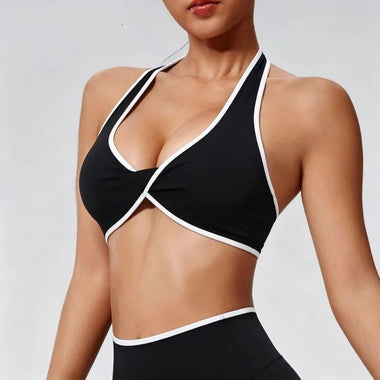Halter Twist Contrast Yoga Bra Removable Padded Quick Dry Gym Sports Top