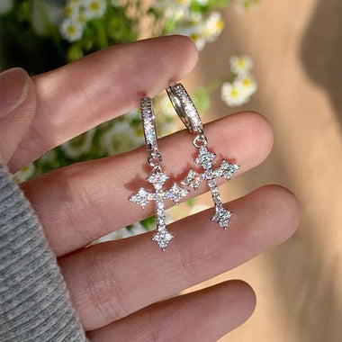 New Rhinestone Zircon Cross Pendant Earrings for Women Korean Fashion Drop Hoop Earrings Birthday Party Jewelry Gifts