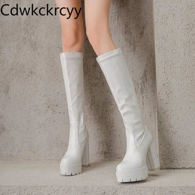 Winter New Style Fashion White Black Knee High Boots Korean Version Round Head Platform High Heels Women's Boots High 11.5cm