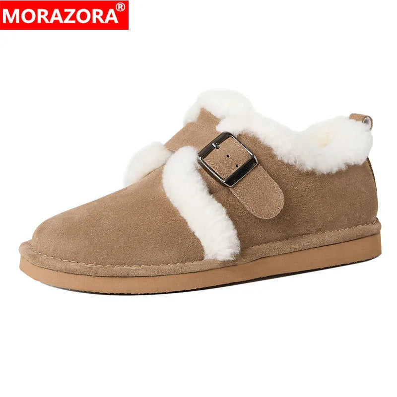MORAZORA Size 35-43 Cow Suede Leather Women Flats Wool Warm Snow Boots Buckle Casual Winter Ankle Boots Short Flat Shoes