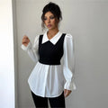 Women Blouse Korean Style False Two-piece Polo Collar Blouses Y2k Top Streetwear Youth Pullovers Shirt Fake Two-Piece Shirt Vest