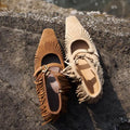 2026 new women's fringed cool boots versatile medium heel hollow flat bottom inner height-increasing short boots