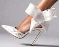 Pure White Lace Butterfly Knot Patterned Thin Heeled Pumps Pointy Toe High Heel Women's Shoes Celebrity Ladies Stilettos Party