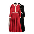 2026 New Autumn Winter Women O-neck Long Sleeve Knitted Pleated A-line Dress Christmas Party Red Sweater Long Dresses