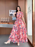 French Retro V-Neck Ruffle Sleeves Pleated Floral Dress For Women 2025 Summer High Waist Slimming Chiffon Long Dress w104