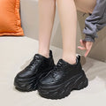 Autumn Breathable Thick Bottom Casual Shoes New 2023 Women's Chunky Leather Sneakers 8CM High Platform Sports Dad Shoes Spring