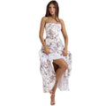 Women's White Floral Print Corset Maxi Dress Spaghetti Strap Pleated A-Line Summer Elegant Long Vacation Gown
