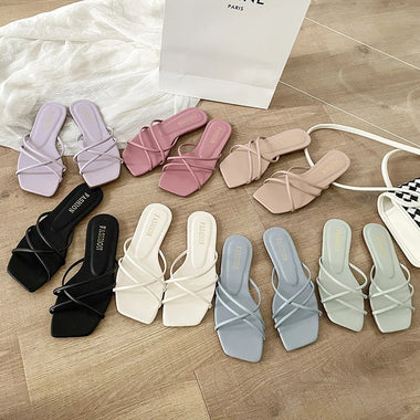 Summer Slippers Women Sandals Narrow Vintage Square Toe Flat Cross Strap Thong Sandals V Shape Design Shoes Women Plus Size43