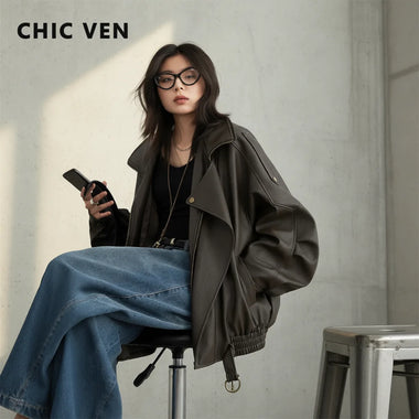 Leather Jacket Woman CHIC VEN Woman PU Jacket Solid Loose New Retro Standing Collar Motorcycle Faux Leather Coat Female Top Spring Autumn 2026