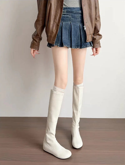 2026 New Autumn Winter Korean Not Over Knee Boots, Round Toe Straight Shaft Soft Leather Stretch Slim Fit Women Riding Boots