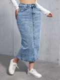 Womens High Waist Denim Midi Skirt Light Blue Washed Stretch Jean Skirt with Back Slit Casual Straight Long Skirts for Wome