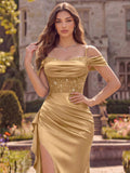 Gold Off Shoulder Satin Evening Dress Sparkly Beaded Bodice Ruched Mermaid Gown High Slit Ruffle Formal Prom Wedding Guest Dress
