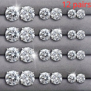 12 Pairs Set Stainless Steel Stud Earrings with Gemstone Buds Round Earrings Unisex Fashion Jewelry Gifts