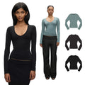 Top Tank Top with Deep V-Neck and Long Sleeves, High-Elastic Slim-Fit Basic Solid Color Base Shirt, Low-Neck Inner Wear Top, Solid Color Low-Neck Slimming Inner Wear T-Shirt, Waist-Cinching Elastic Top Base Shirt
