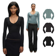 Top Tank Top with Deep V-Neck and Long Sleeves, High-Elastic Slim-Fit Basic Solid Color Base Shirt, Low-Neck Inner Wear Top, Solid Color Low-Neck Slimming Inner Wear T-Shirt, Waist-Cinching Elastic Top Base Shirt