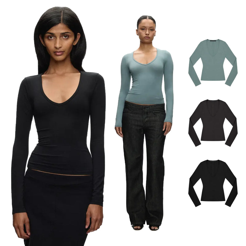 Top Tank Top with Deep V-Neck and Long Sleeves, High-Elastic Slim-Fit Basic Solid Color Base Shirt, Low-Neck Inner Wear Top, Solid Color Low-Neck Slimming Inner Wear T-Shirt, Waist-Cinching Elastic Top Base Shirt