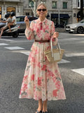 ZOCI Elegant Womens Floral Print Long Dress Bow Neck Long Sleeve Waist Belt Casual Weekend Party Summer Beach Vacation Dress