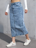 Womens High Waist Denim Midi Skirt Light Blue Washed Stretch Jean Skirt with Back Slit Casual Straight Long Skirts for Wome